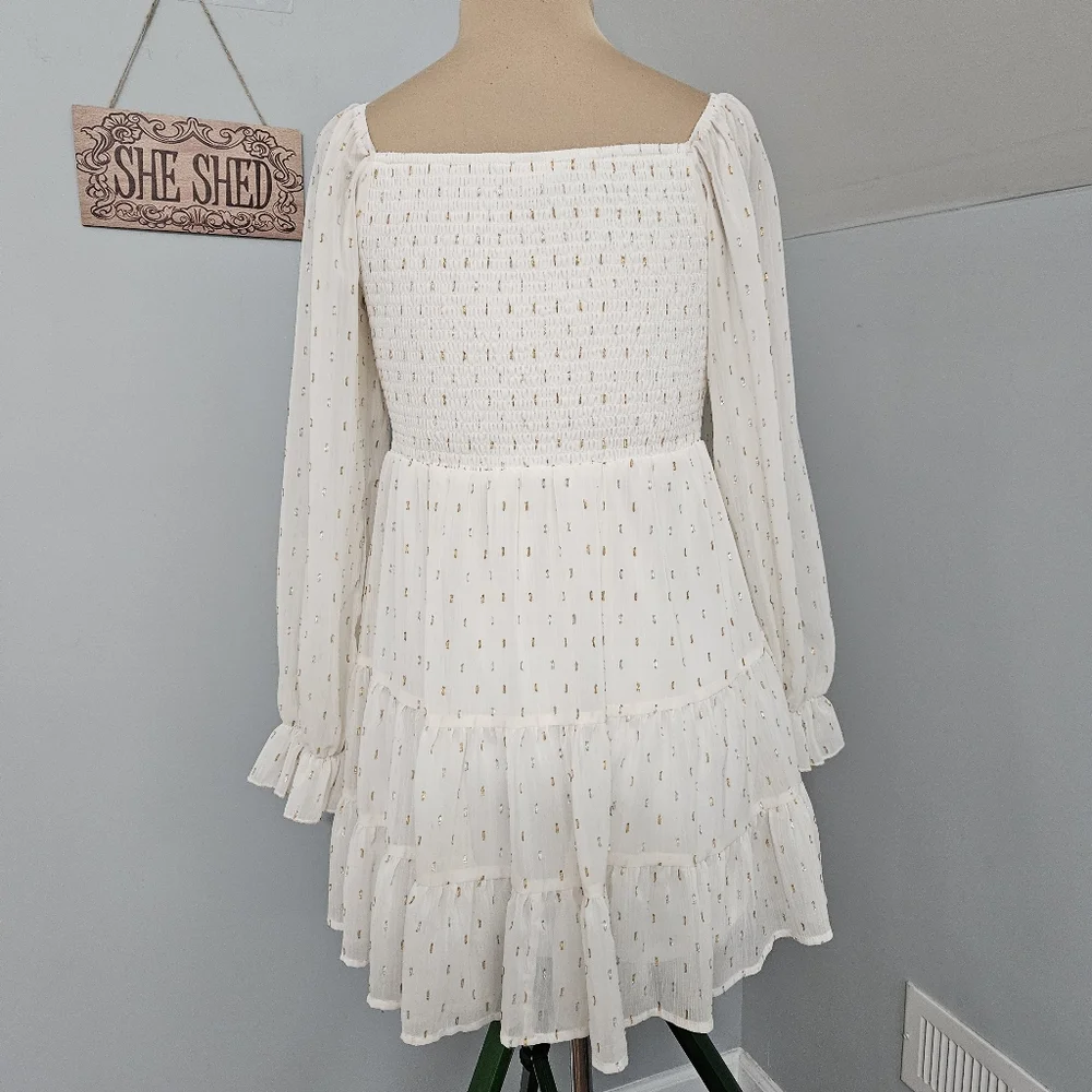 Altar’d State White Smocked Dress Gold Dot Tiered Size M Cottage Fairy Boho - Picture 4 of 14